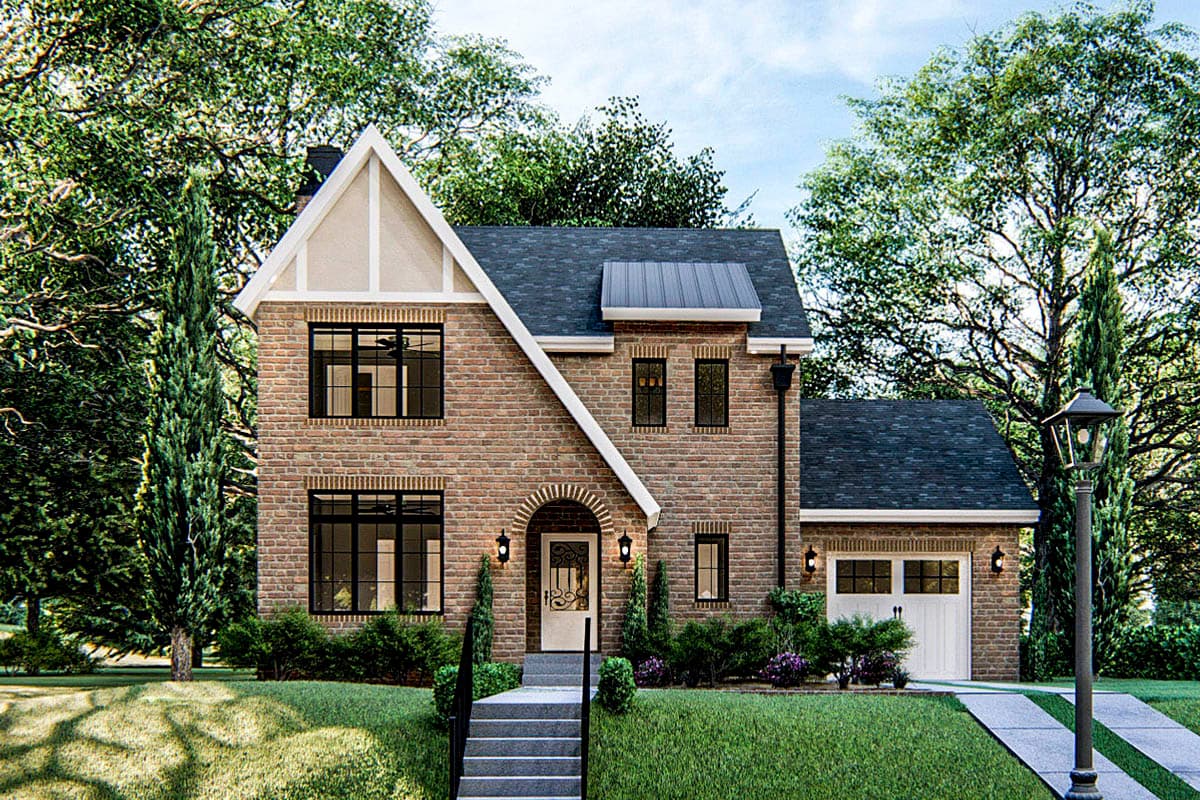 House plan exterior with brick facade, two stories, gable roof, arched entryway, and attached garage. Includes a metal accent roof.