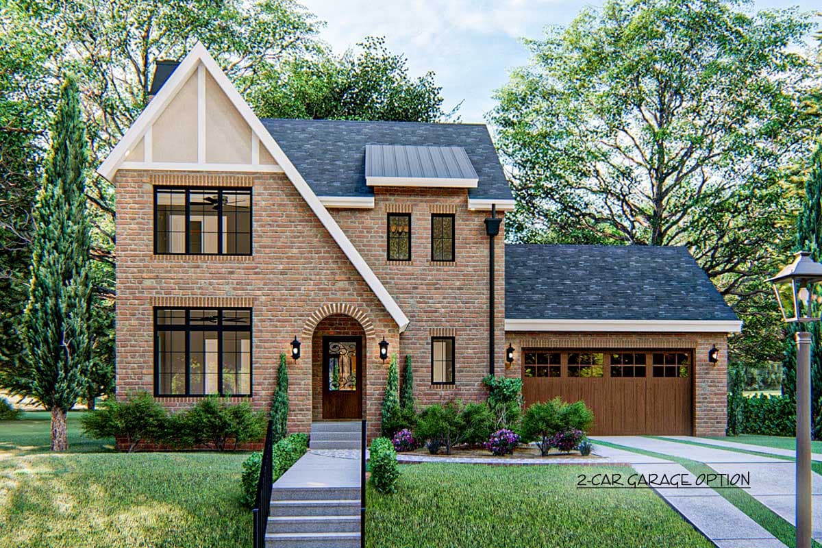 House plan exterior: Two-story brick home with arched entry, prominent gable, and attached 2-car garage.