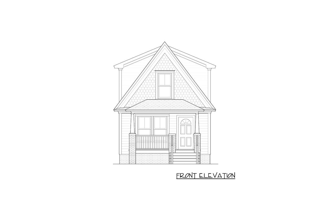 Front elevation drawing of a two-story house with a prominent gable, a covered front porch with decorative railing, and shingled upper facade.