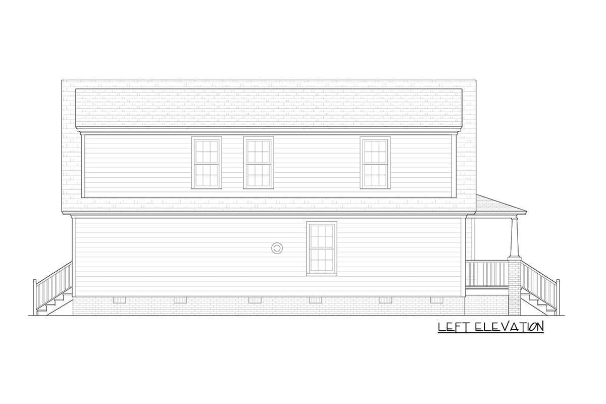 Left elevation of a two-story house plan with clapboard siding, double-hung windows, and a covered porch with steps.