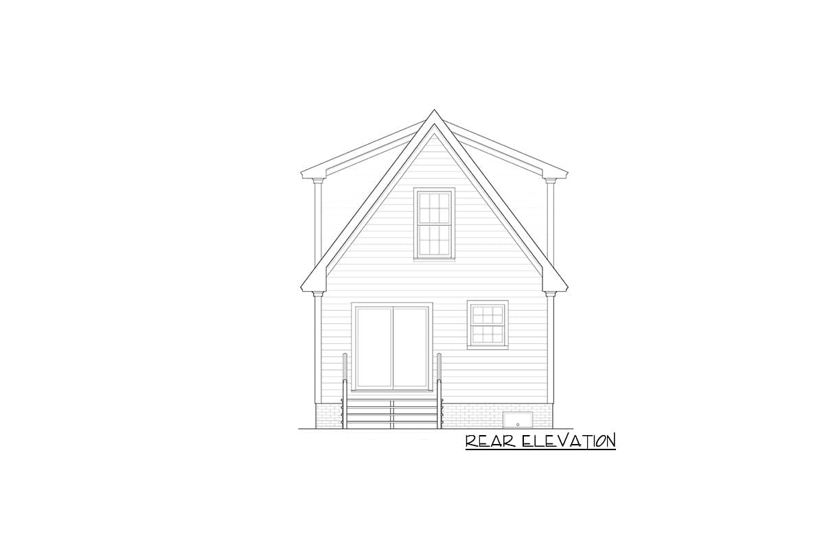 Rear elevation drawing of a two-story house plan featuring a prominent gable, sliding glass doors, and a simple pitched roofline.