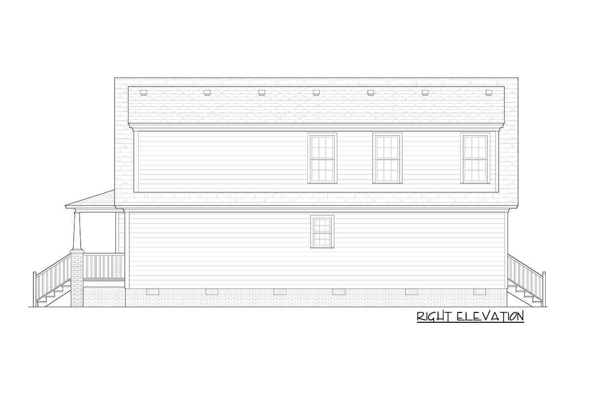 Right elevation of a two-story house plan showing a front porch, multiple windows, and a shingled roof.