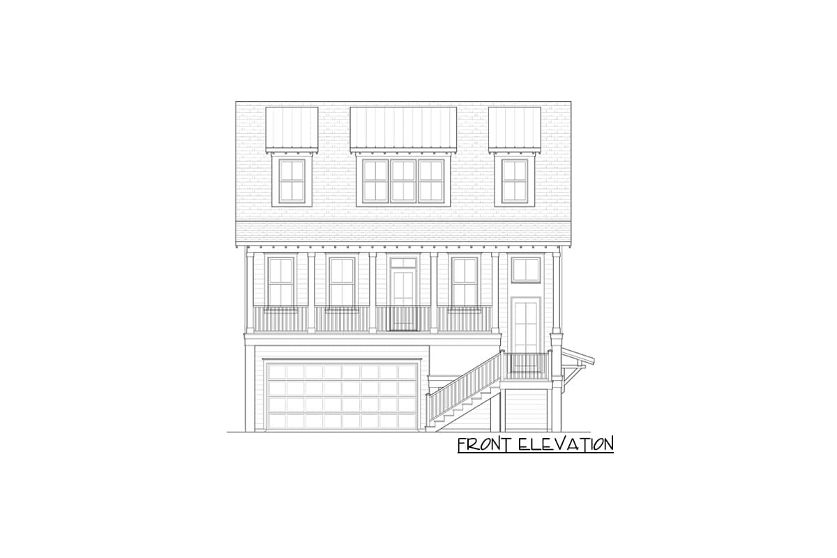 Front elevation drawing of a three-story house plan with a two-car garage, second-story balcony, and dormer windows.