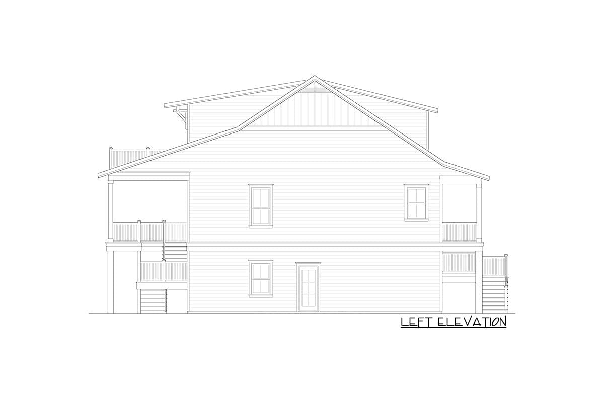 Left elevation drawing of a two-story house with covered porches, gabled roof, and multiple windows.