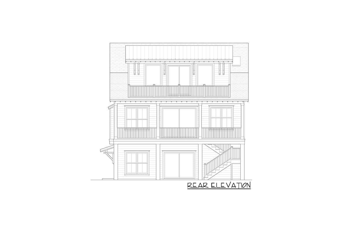 Rear elevation drawing of a three-story house plan with balconies, multiple windows, and exterior stairs.
