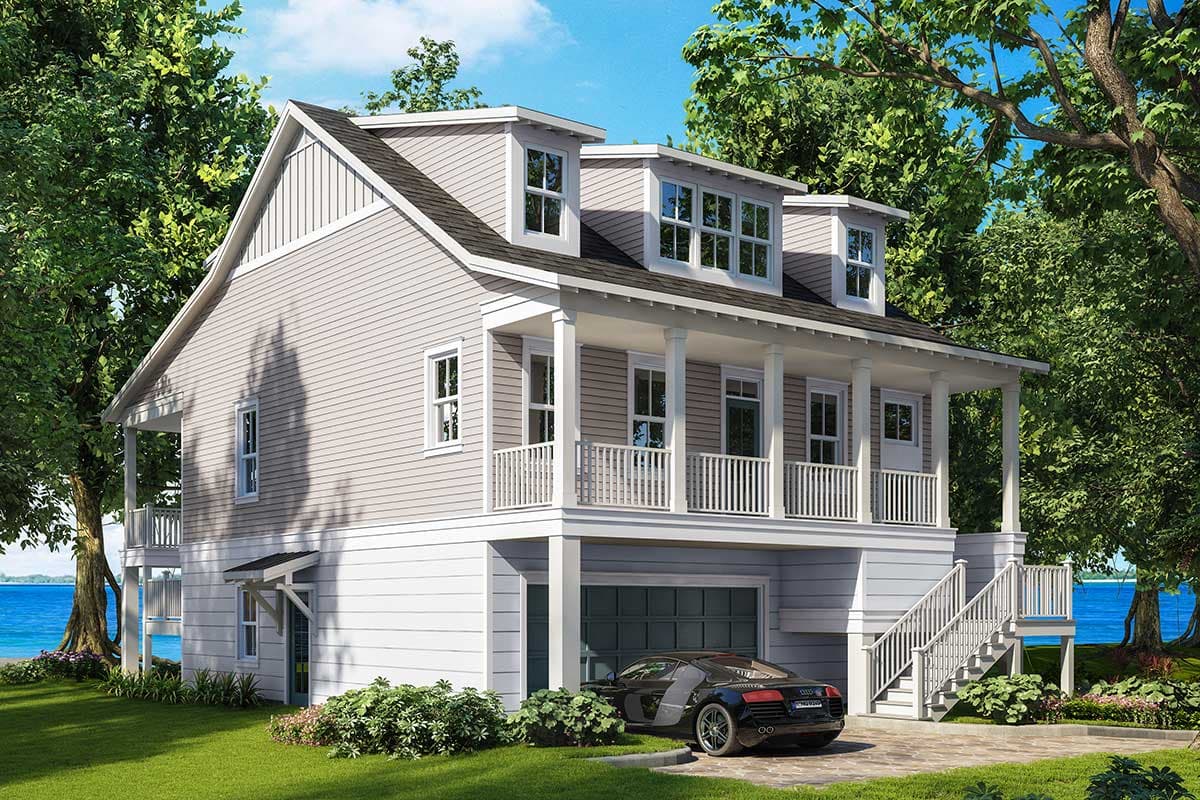 House plan exterior with two stories, Craftsman style. Features include a covered porch, dormers, and a garage. The house sits near the water.