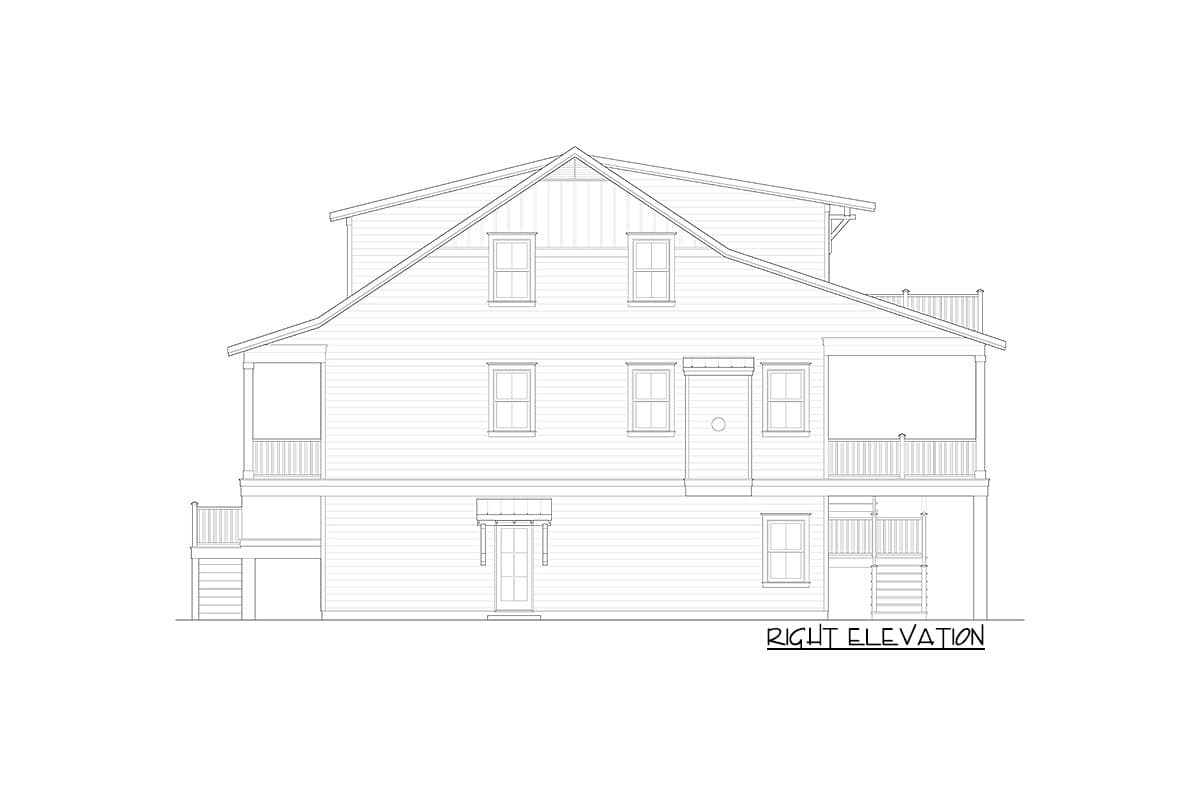 Right elevation drawing of a multi-story house plan featuring multiple gables, a prominent roofline, and covered porches.