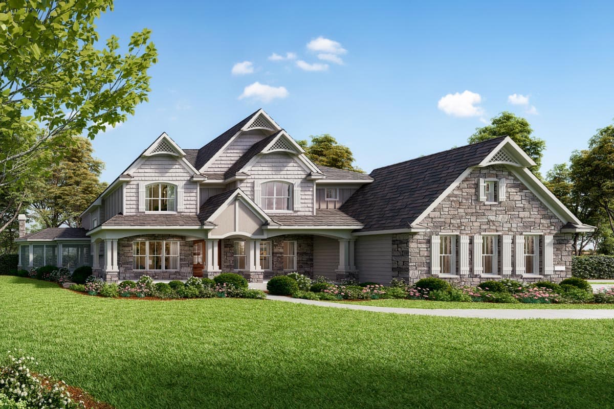 House plan exterior. Two-story Craftsman home with a stone facade, gabled roof, and covered porch with columns.