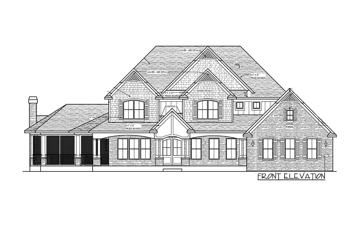 Front elevation house plan drawing showing a multi-story home with a covered porch, gables, dormers, and stone and shake siding.