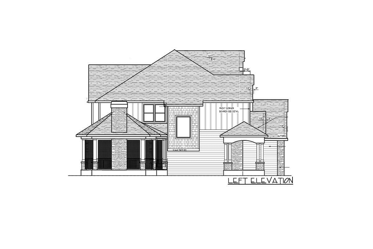 Left elevation house plan with stone chimney, covered porch with columns, and gabled rooflines.