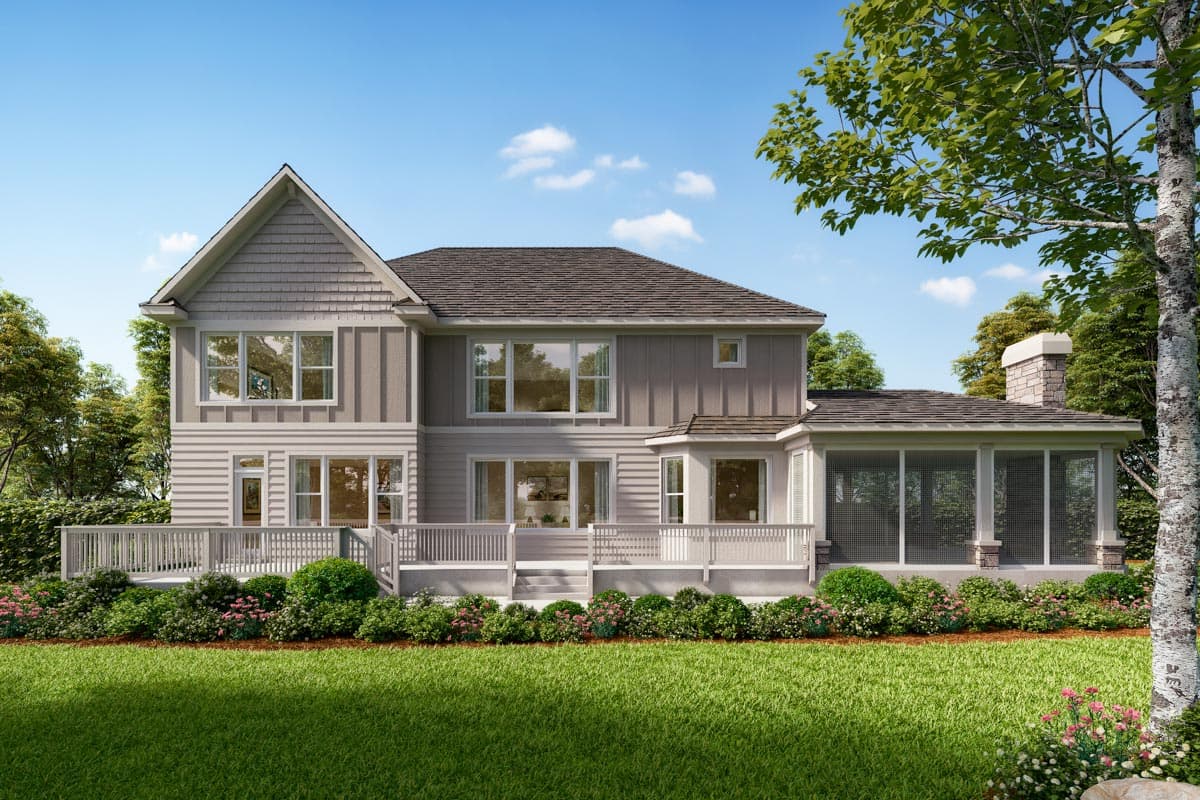 House plan exterior featuring a two-story structure with a prominent gable, wide deck, and screened-in porch.