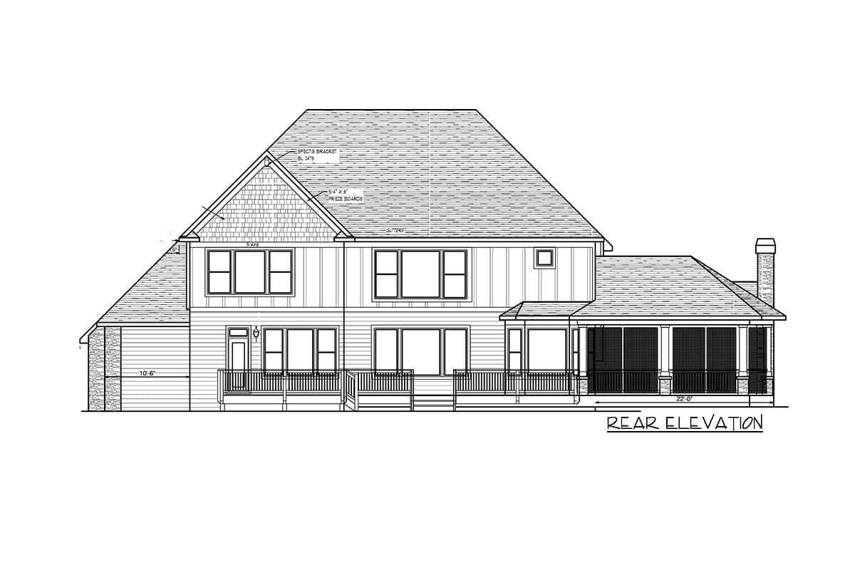 Rear elevation drawing of a two-story house with gables, dormers, a covered porch, and a screened porch.