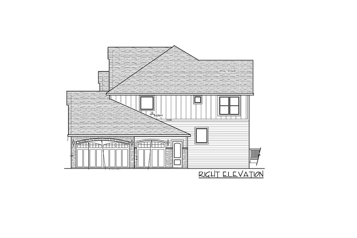 Right elevation house plan showing a two-story structure with a gable roof, two arched garages, and stacked siding.