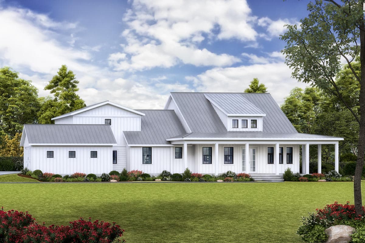 House plan exterior. Modern Farmhouse style with two stories, a covered front porch, gabled roof, and dormer windows.