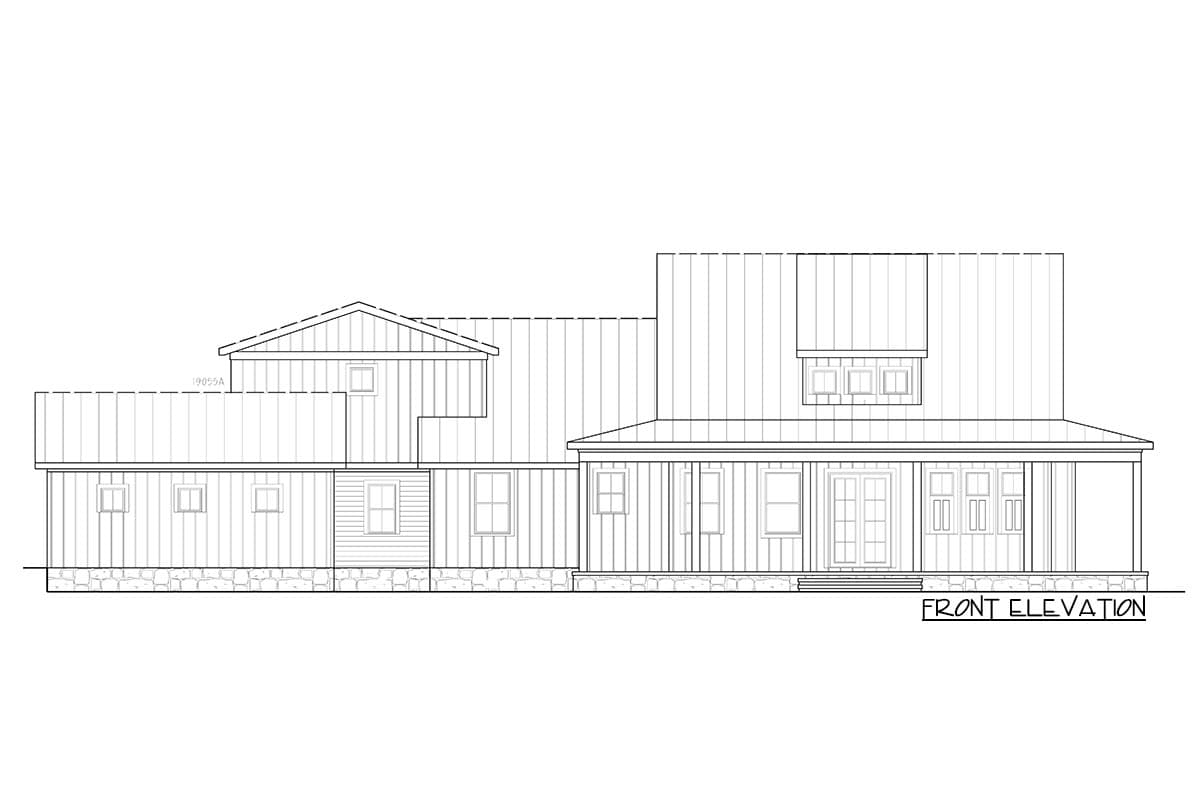 Front elevation drawing of a two-story house plan with stone foundation, prominent gables, and a covered front porch.