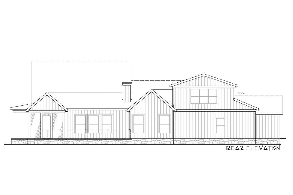 Rear elevation drawing of a house plan featuring a gabled entry porch, multiple gables, and a stone foundation.