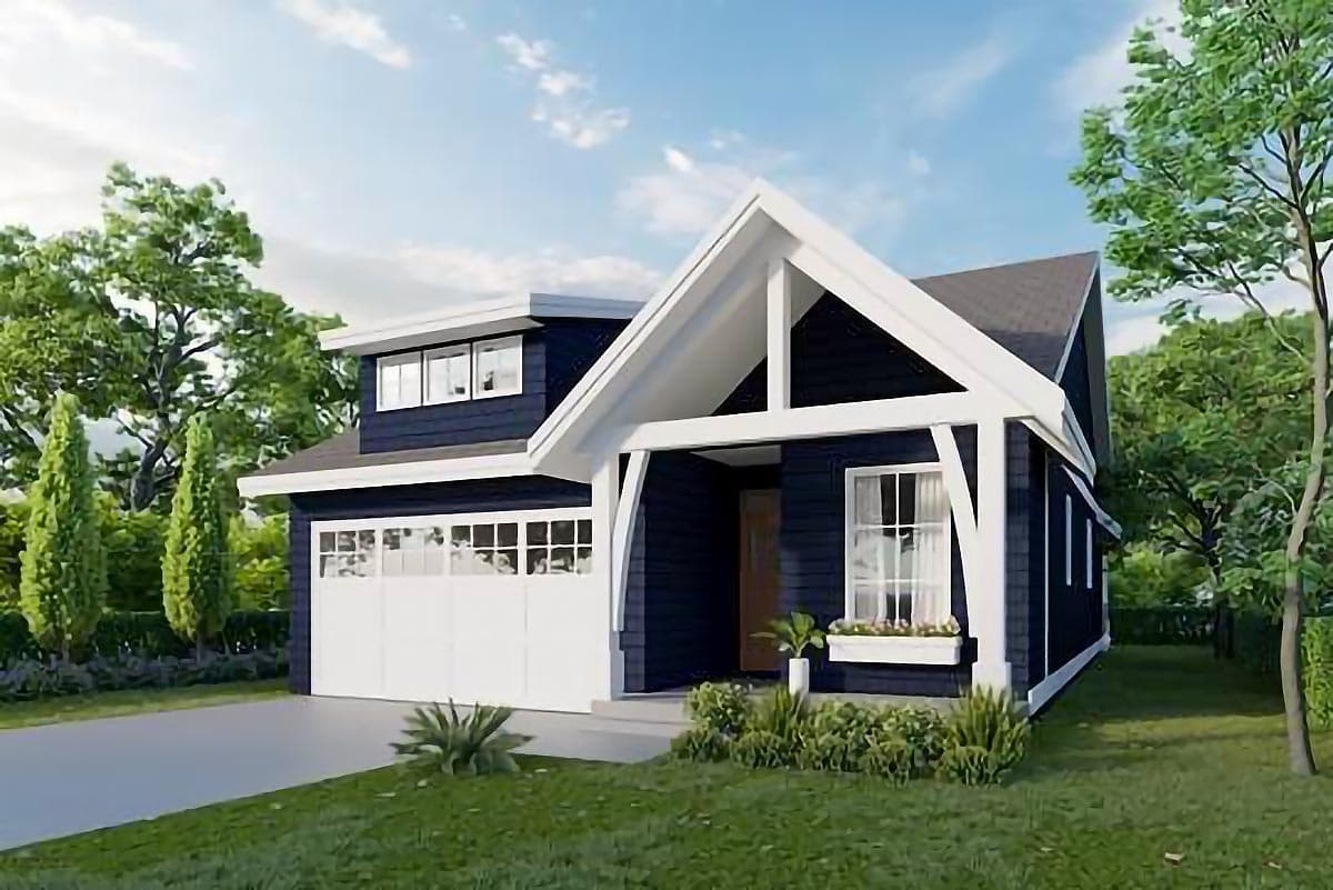 House plan exterior: Modern style, two stories, dark siding, white trim, prominent gable roof over entry, side-facing garage.