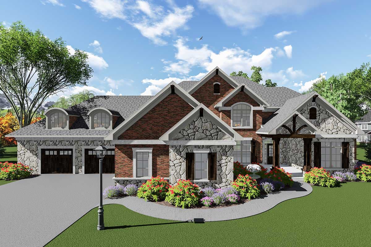 House plan exterior: two-story, brick and stone facade, dormers, gabled rooflines, and a covered front porch with timber supports.