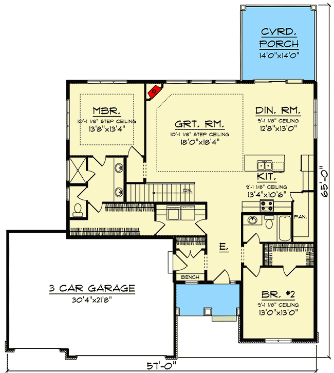 Plan 890127AH: 4-Bed Craftsman Home Plan with Finished Lower Level - 2964 Sq Ft - Floor Plan - Main Level - Craftsman, New American, Ranch
