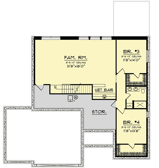 Plan 890127AH: 4-Bed Craftsman Home Plan with Finished Lower Level - 2964 Sq Ft - Floor Plan - Lower Level - Craftsman, New American, Ranch