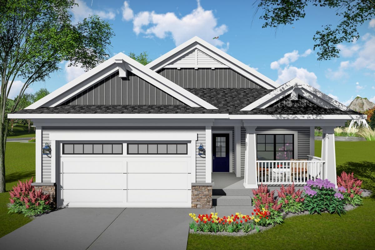 House plan exterior: Modern Farmhouse style, one story, featuring a two-car garage, gabled dormers, and a covered front porch.