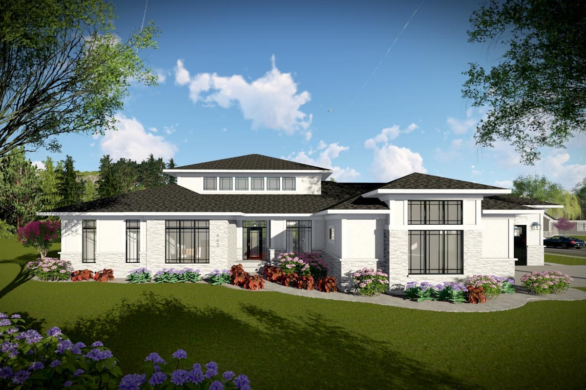 House plan exterior of a two-story Modern style home with a flat roof, large windows, stone accents, and a covered entryway.