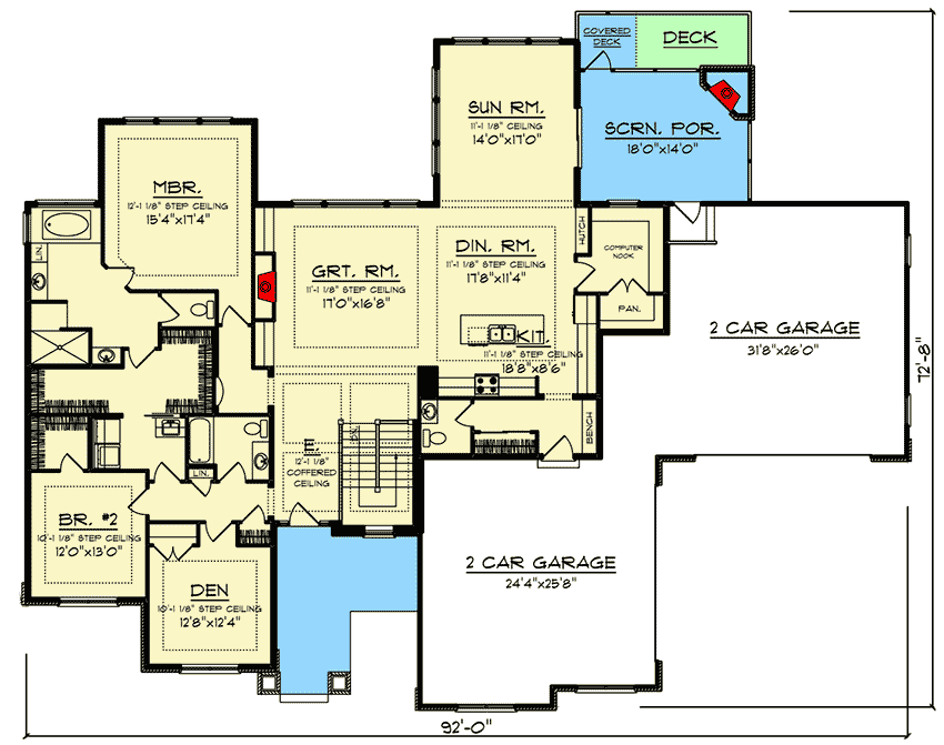 Plan 890136AH: Walkout Ranch Home Plan with 4-Car Garage - Floor Plan - Main Level - New American, Ranch
