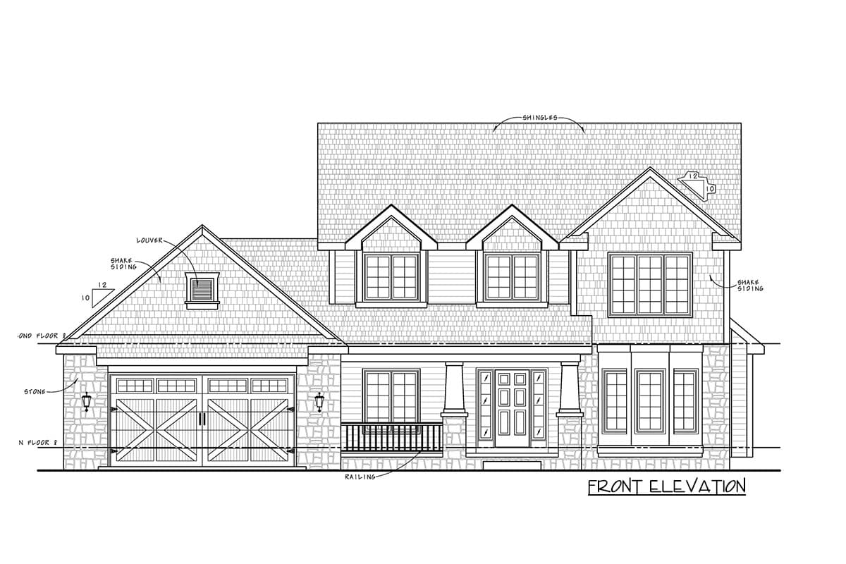 Front elevation house plan showing stone base, shake siding, gabled dormers, and a covered entry.