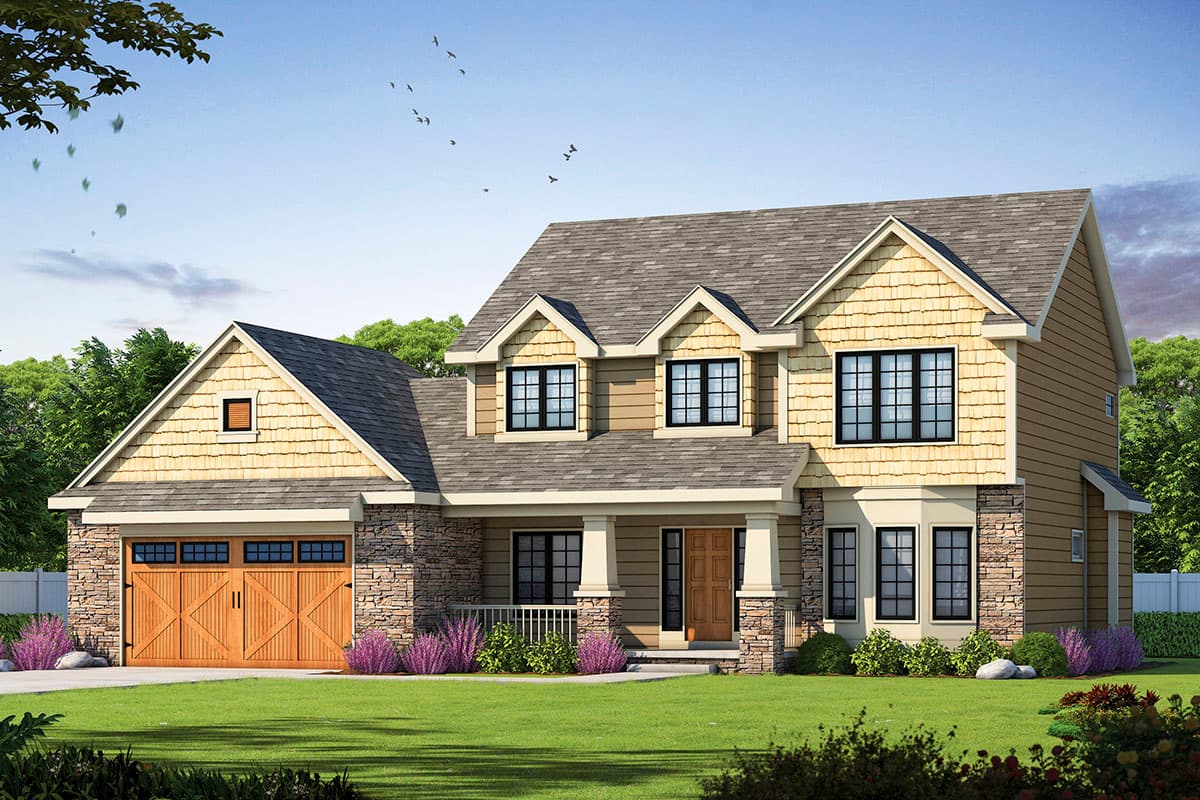 House plan exterior with Craftsman style, two stories, front porch with columns, gables, and stone accents on the facade and garage.