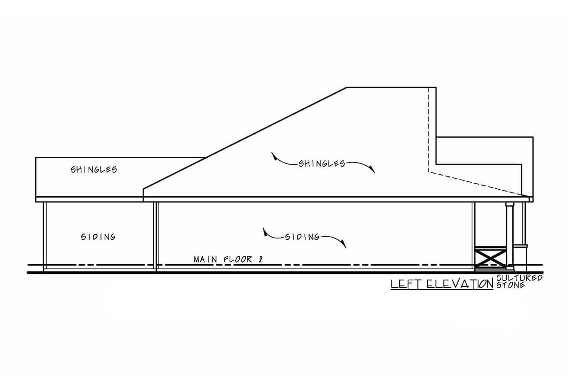 Left elevation drawing of a house plan with siding, shingles, and cultured stone accents.