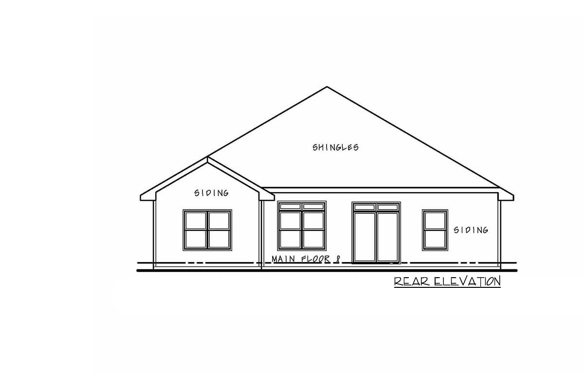 Rear elevation drawing of a house plan with siding and shingles, featuring multiple windows and double doors.