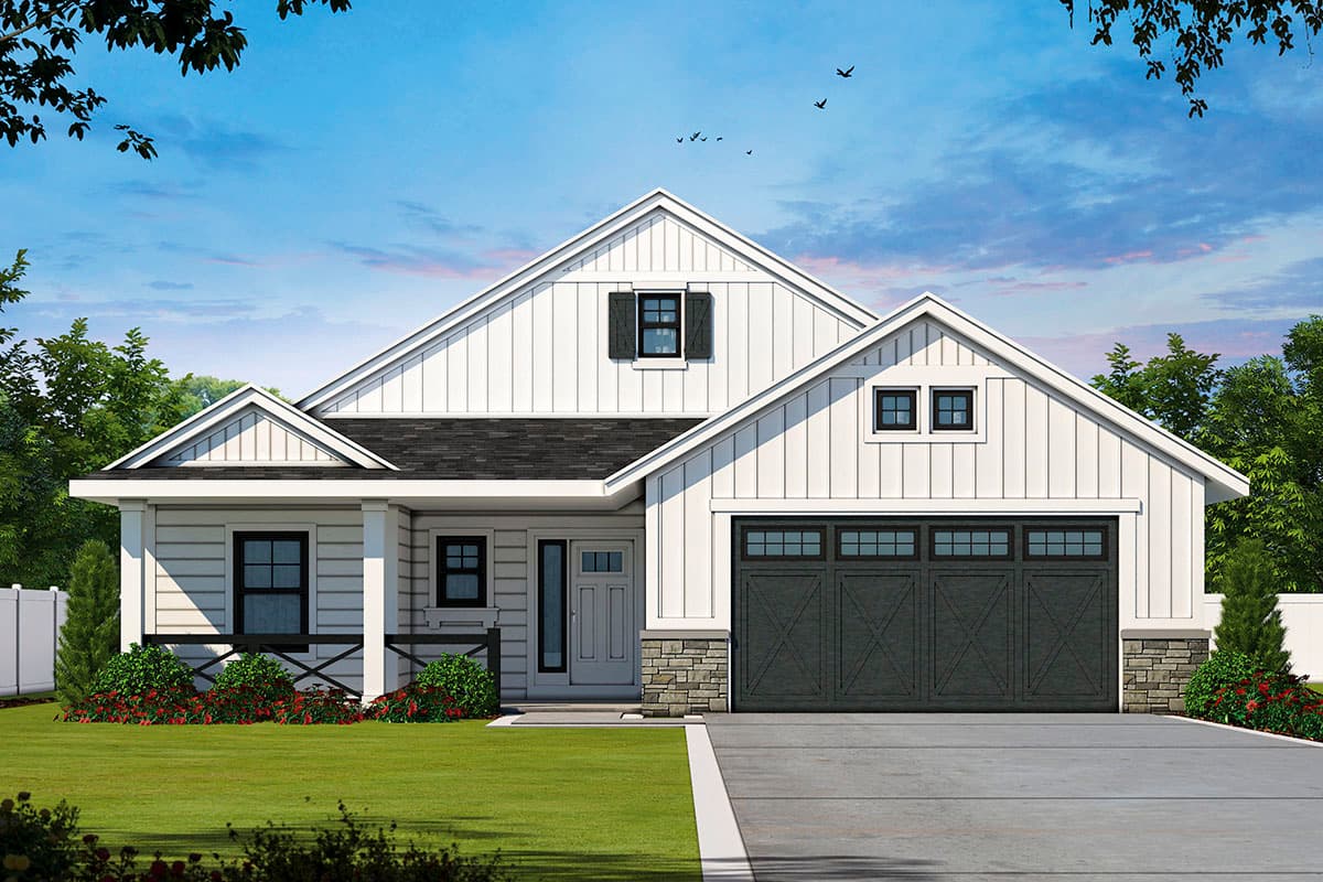 Modern Farmhouse style house plan exterior with board and batten siding, prominent gables, dormer window, and a two-car garage.