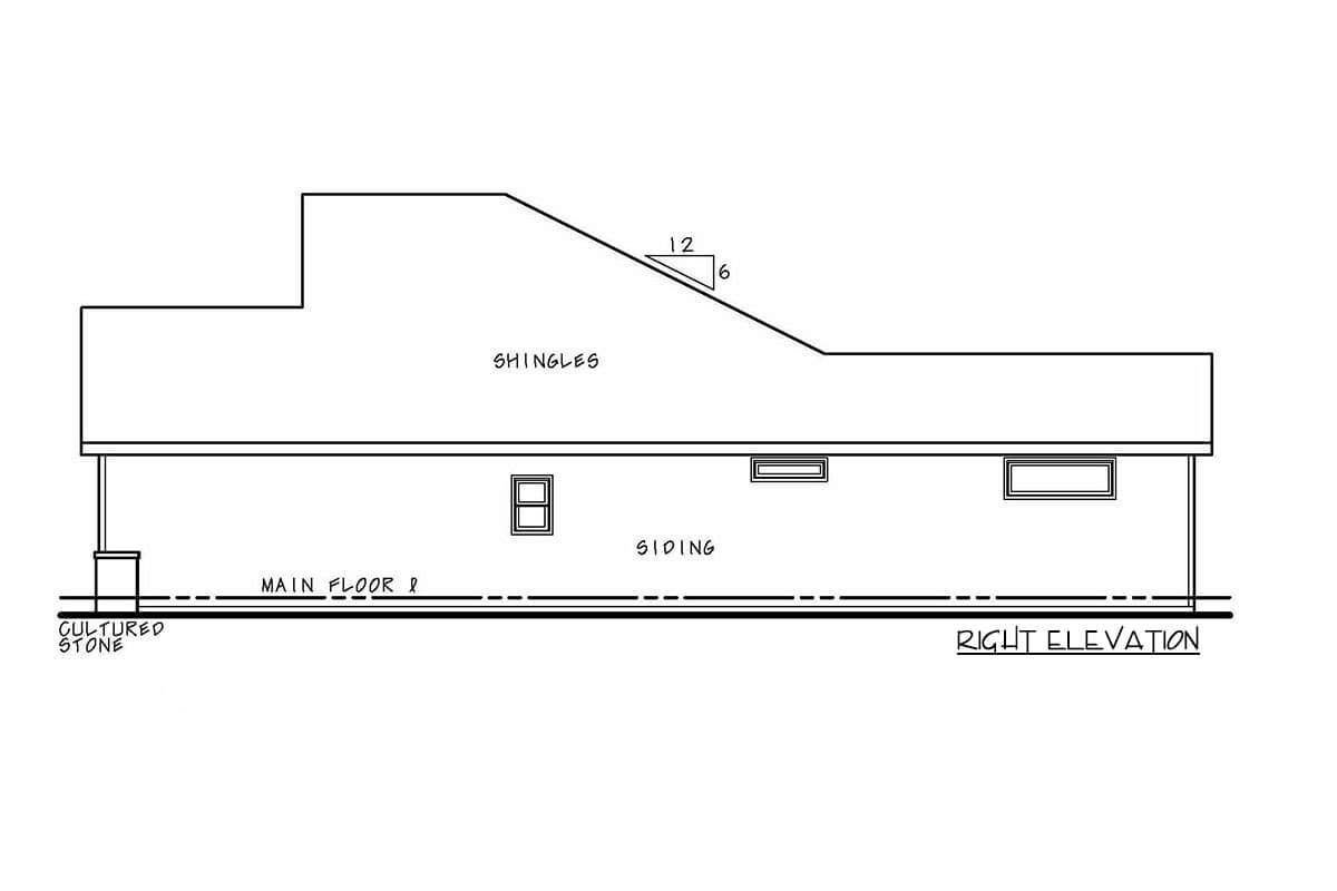 Right elevation house plan: shingles roof, siding, cultured stone foundation, and windows.