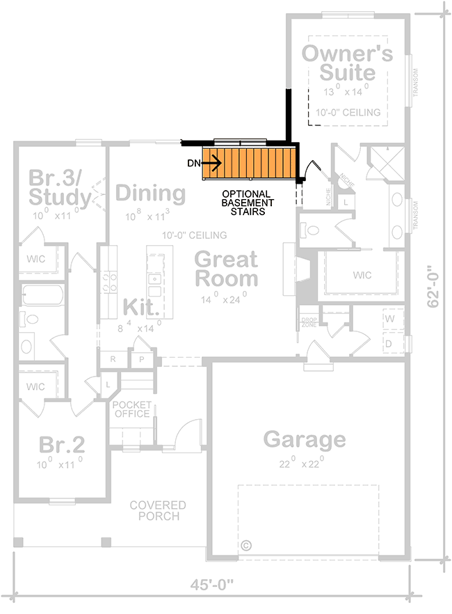 Plan 42614DB: Splendid New American Home Plan with Pocket Office - 1619 Sq Ft - Floor Plan - Basement Stair Location - Country, Modern Farmhouse, New American, Ranch