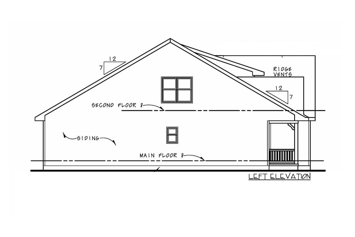 Left elevation house plan drawing showing siding, a small porch, two windows, and a gable roof with ridge vents.