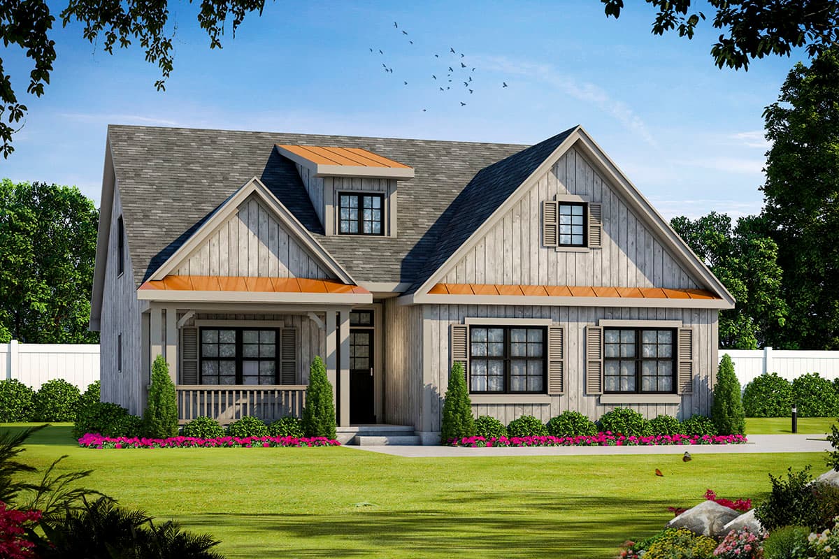 Modern Farmhouse house plan exterior with gabled dormers, a covered front porch with copper roof accent, and vertical siding.