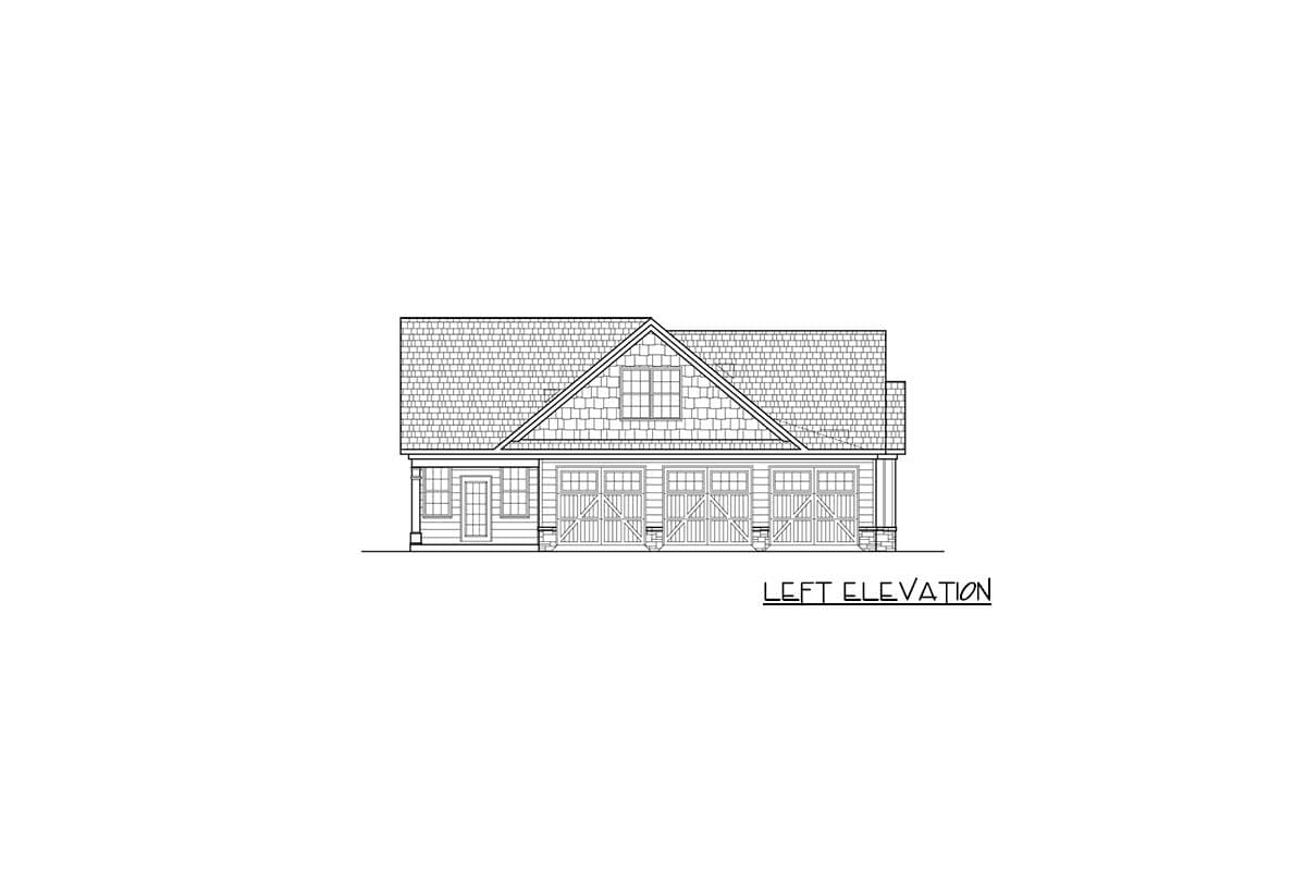 Left elevation drawing of a house plan featuring a prominent gable, dormer window, and a four-car garage.
