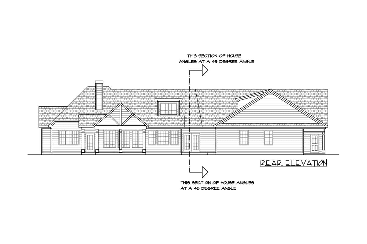Rear elevation house plan drawing showing a long, single-story structure with multiple rooflines, dormers, and a covered entryway.