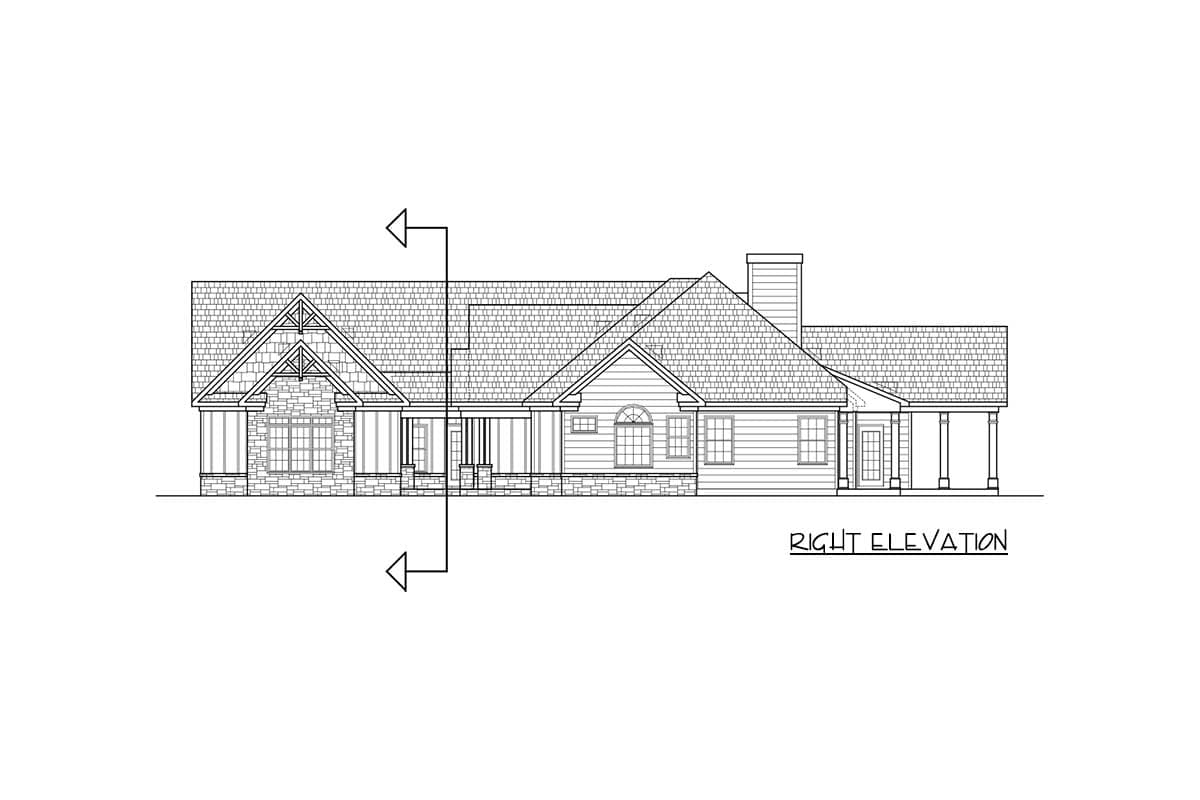 Right elevation drawing of a house plan with gables, stone accents, covered porch, and dormers.
