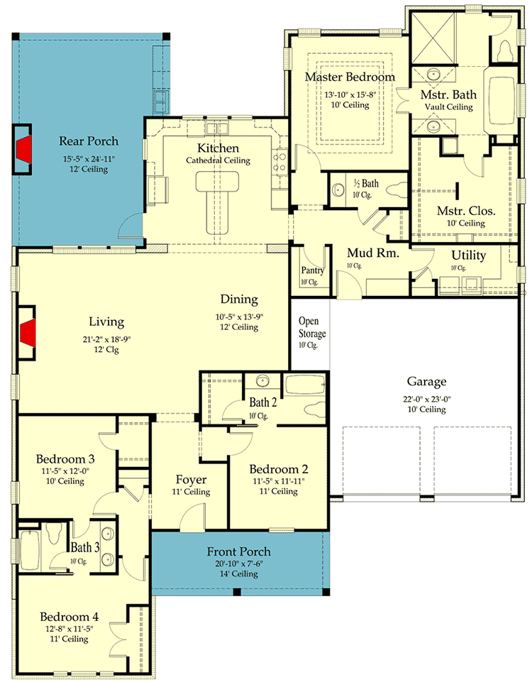 Plan 860046MCD: Beautiful One-level House Plan with Cathedral Ceiling in Kitchen - Floor Plan - Main Level - Acadian, Country, French Country, Louisiana-Style, New American, Southern