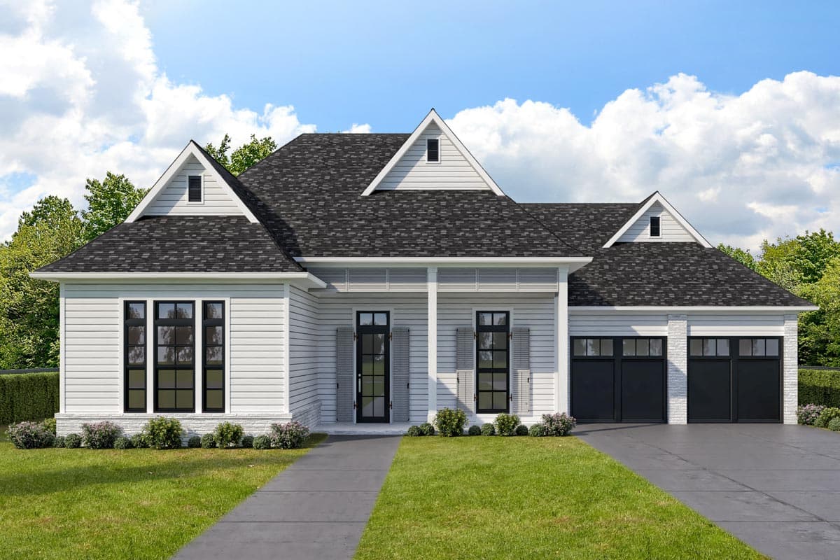 House plan exterior with Craftsman style, single story, and multiple gables. Features include a front porch and an attached two-car garage.
