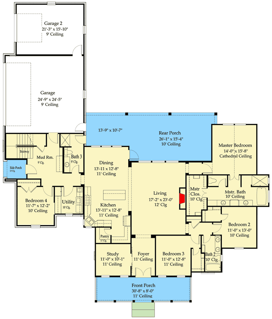 Plan 860047MCD: Enchanting 4-Bed Home with Bonus Room above Garage - 3243 Sq Ft - Floor Plan - Main Level - Acadian, Cape Cod, Country, Farmhouse, Louisiana-Style, Southern