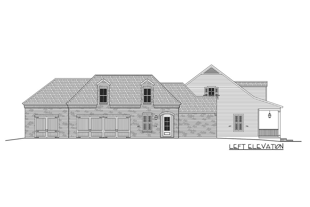 House plan left elevation drawing showing a brick and siding exterior with a multi-bay garage, dormers, and a covered porch.
