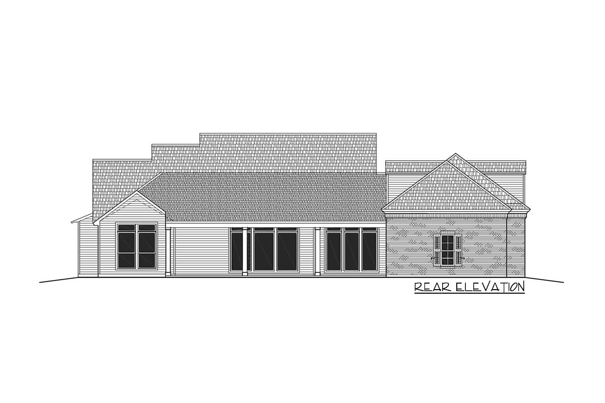 Rear elevation house plan with gable rooflines, horizontal siding, brick accents, and large windows.