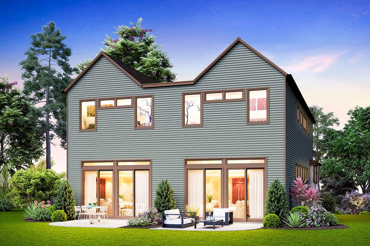 Two-story house plan exterior with horizontal siding, asymmetric gables, and large sliding glass doors on the main level.
