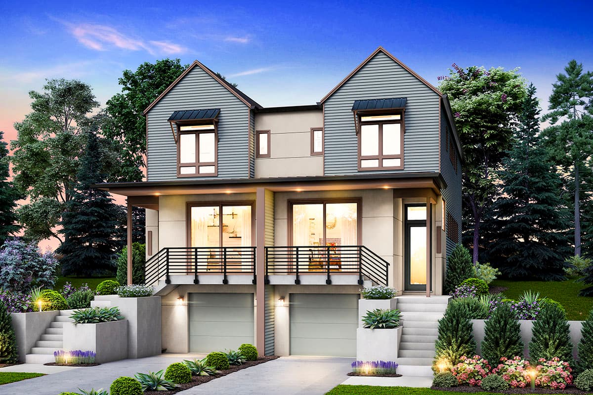 House plan exterior featuring two-story duplex with gabled roofs, horizontal siding, black awnings, and attached garages.