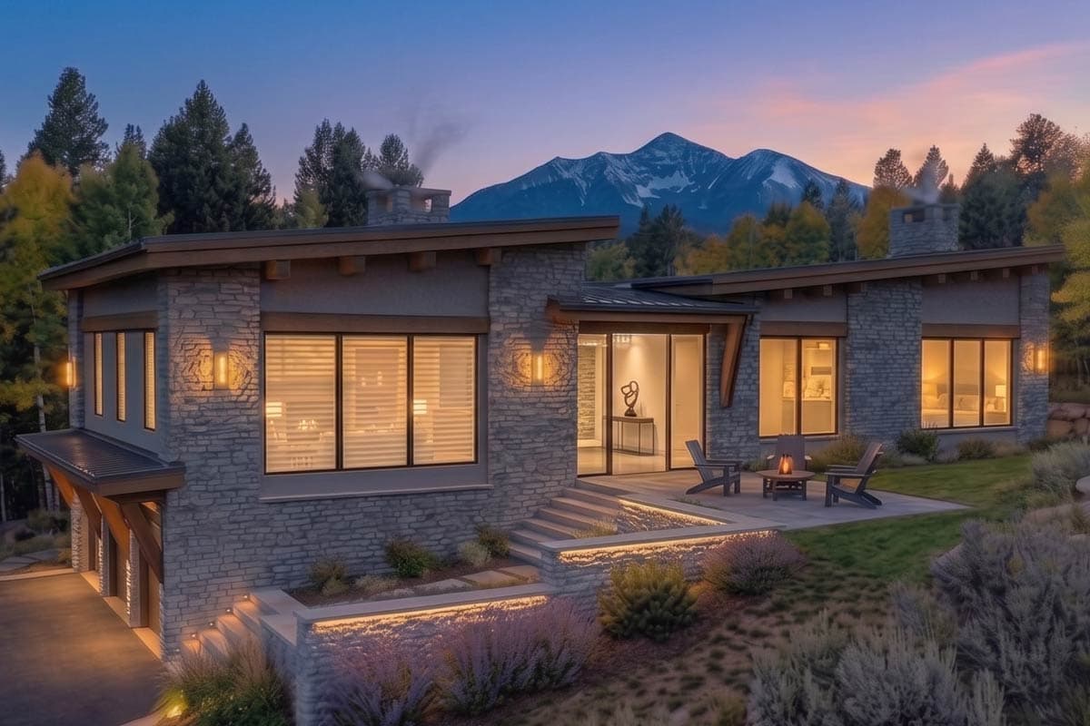 Modern single-story house plan exterior with stone facade, flat roof, large windows, and mountain backdrop.