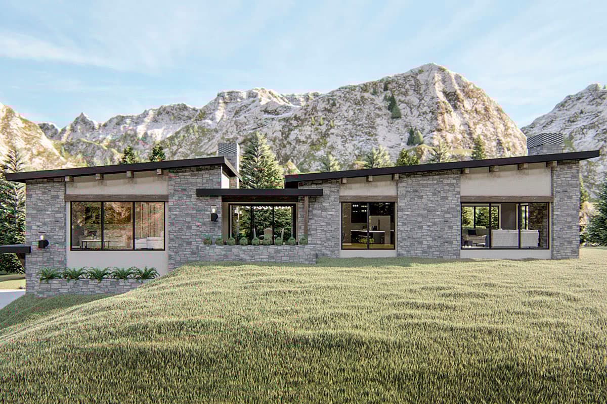 House plan exterior with a modern design featuring a single story, flat roof, stone facade, and large windows with mountain backdrop.