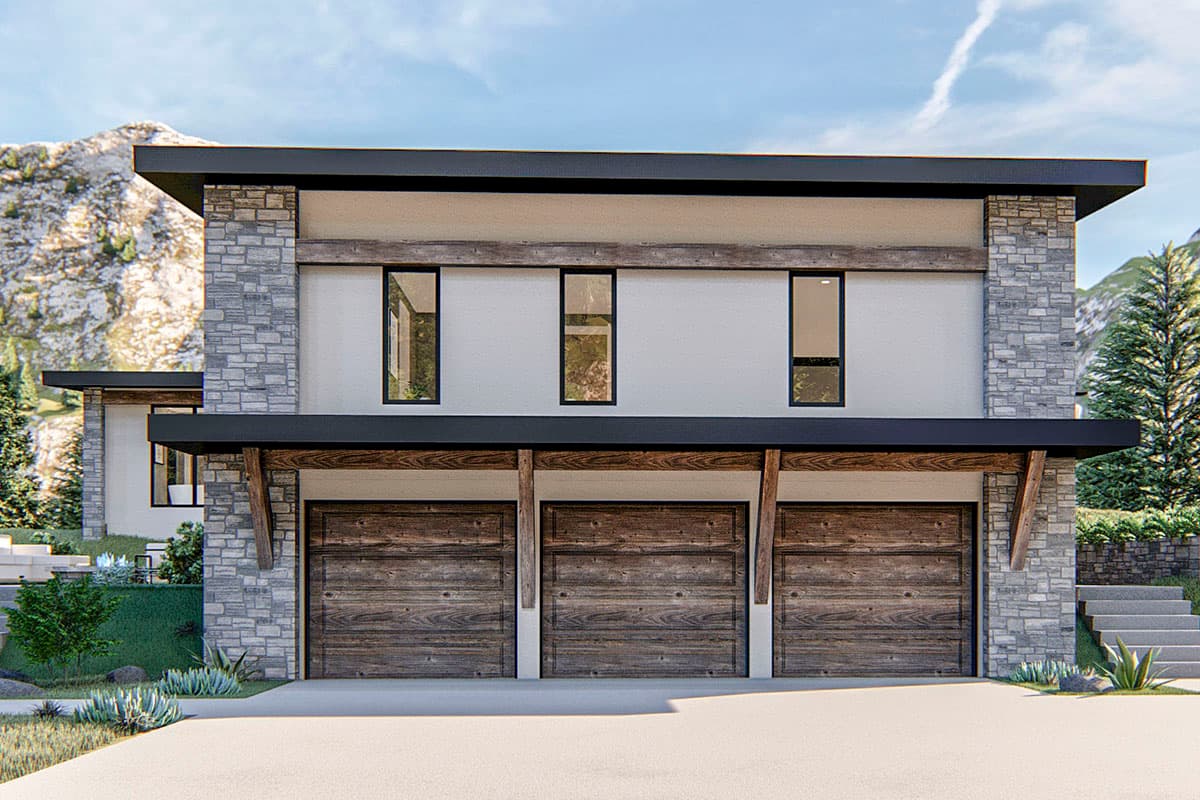 Modern house plan exterior with three wooden garage doors, stone accents, and flat roof.