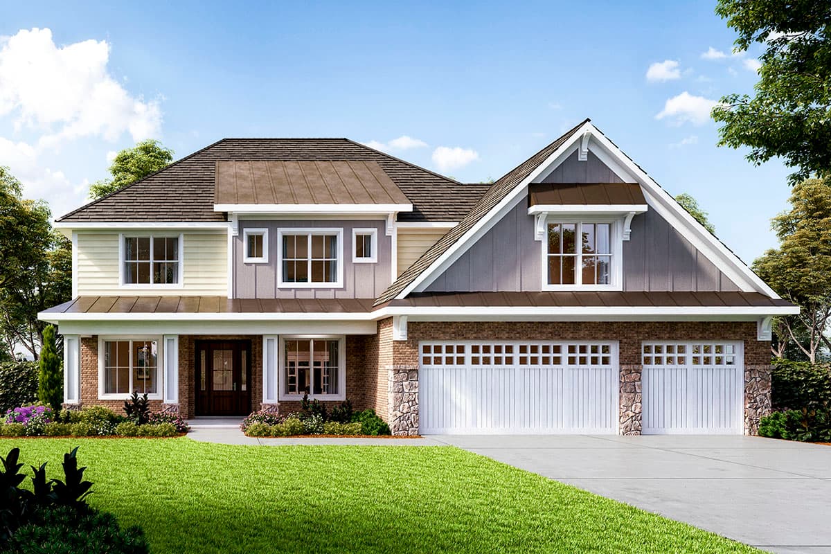 House plan exterior with Craftsman-style elements. Features include a two-story design, gabled roof, a covered porch, and a three-car garage.